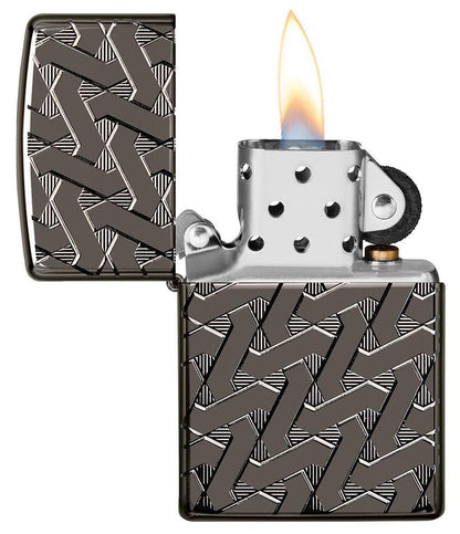 Armor Geometric Weave High Polish Black Ice Windproof Lighter with its lid open and lit