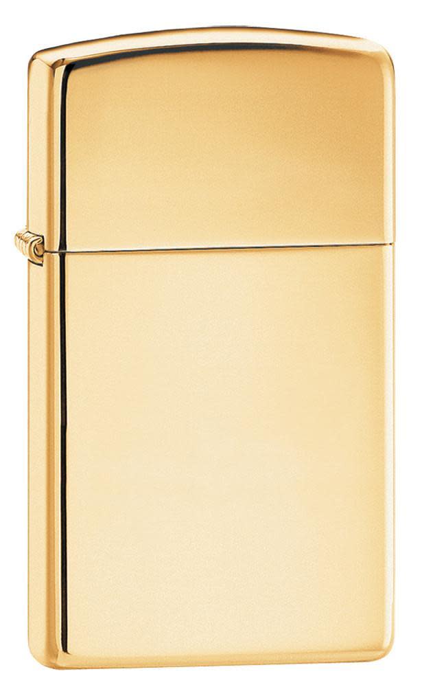 Front shot of Slim?? High Polish Brass Finish Windproof Lighter standing at a 3/4 angle.