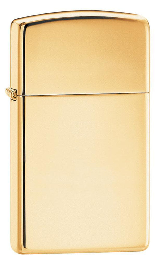Front shot of Slim?? High Polish Brass Finish Windproof Lighter standing at a 3/4 angle.