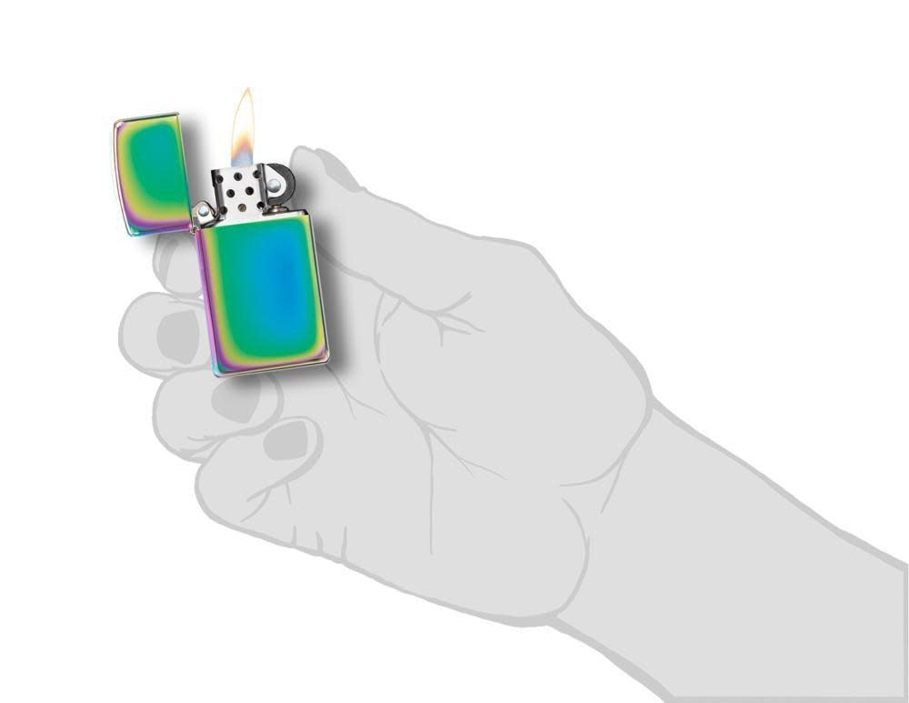 Slim?? Multi Color Windproof Lighter lit in hand.