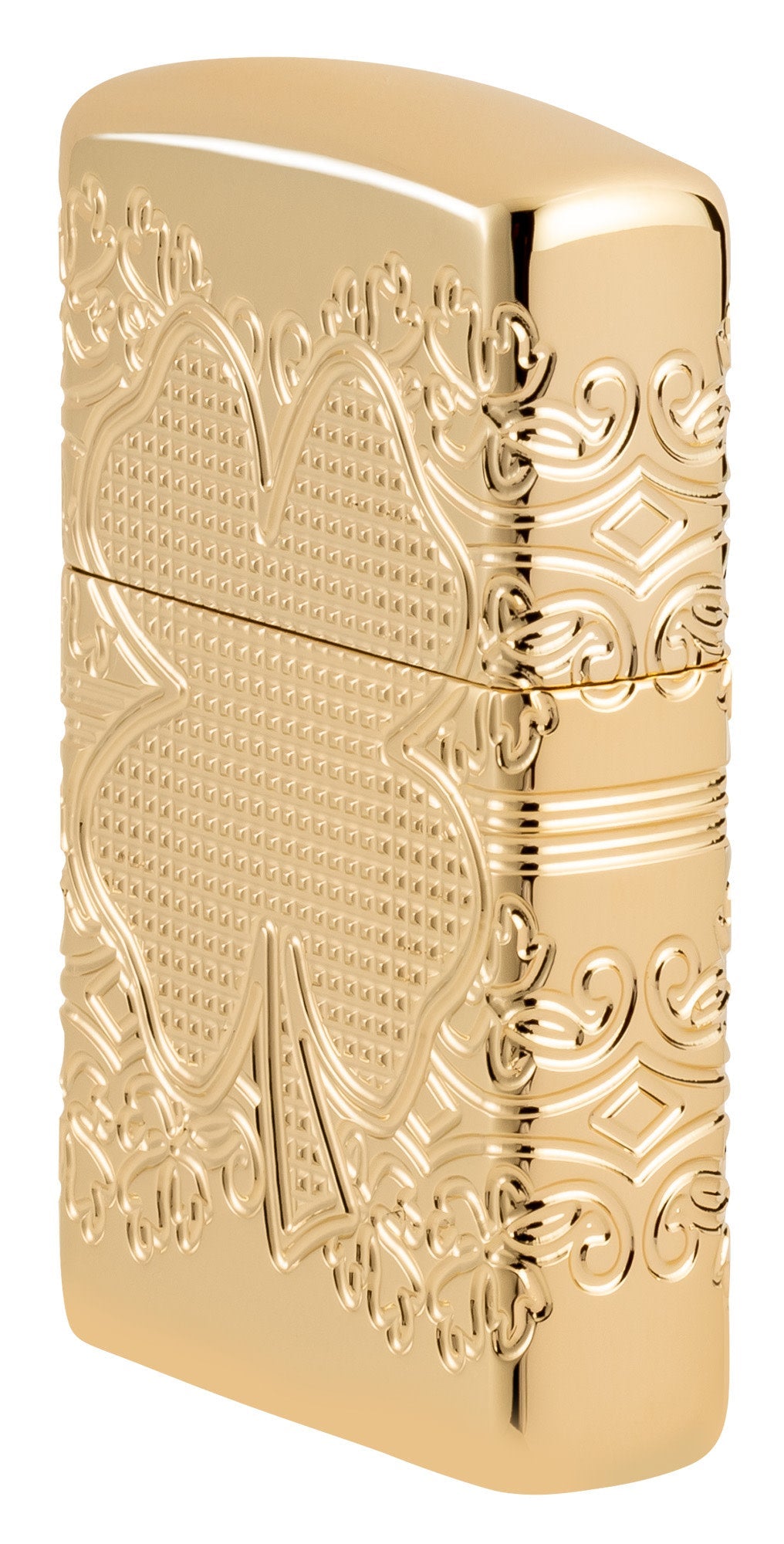 Angled shot of Zippo Lucky Clover Design Armor?? High Polish Gold Plate Windproof Lighter showing the front and right side of the lighter.
