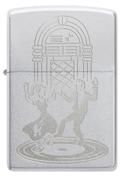 Front view of Zippo Vintage Dance Design Satin Chrome Windproof Lighter.