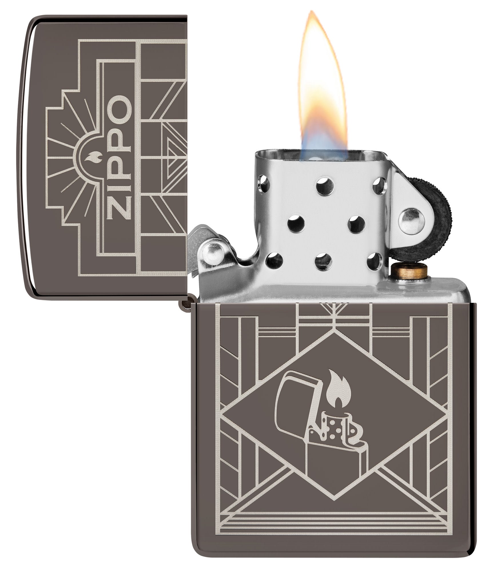 Zippo Art Deco Design Black Ice?? Windproof Lighter with its lid open and lit.