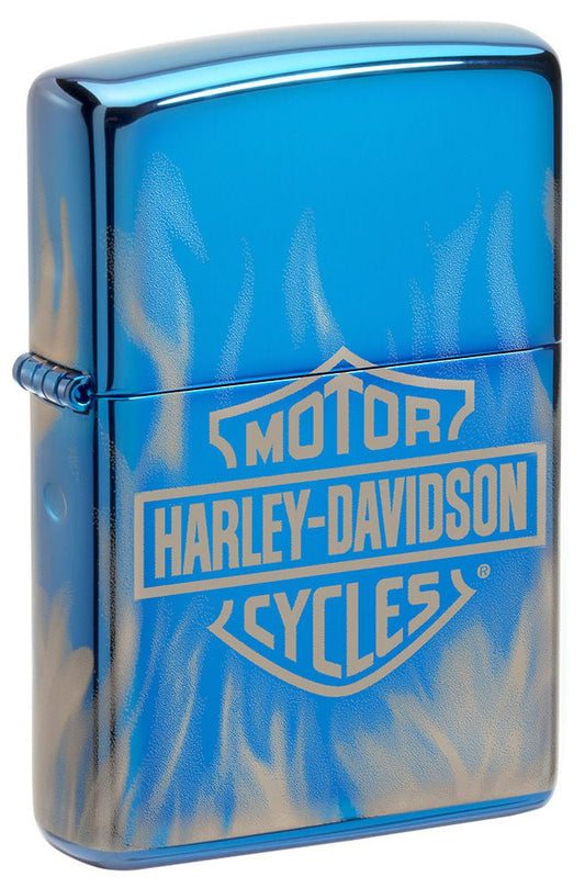 Front shot of Harley-Davidson 360?Ã¸ Flames High Polish Blue Windproof Lighter standing at a 3/4 angle.