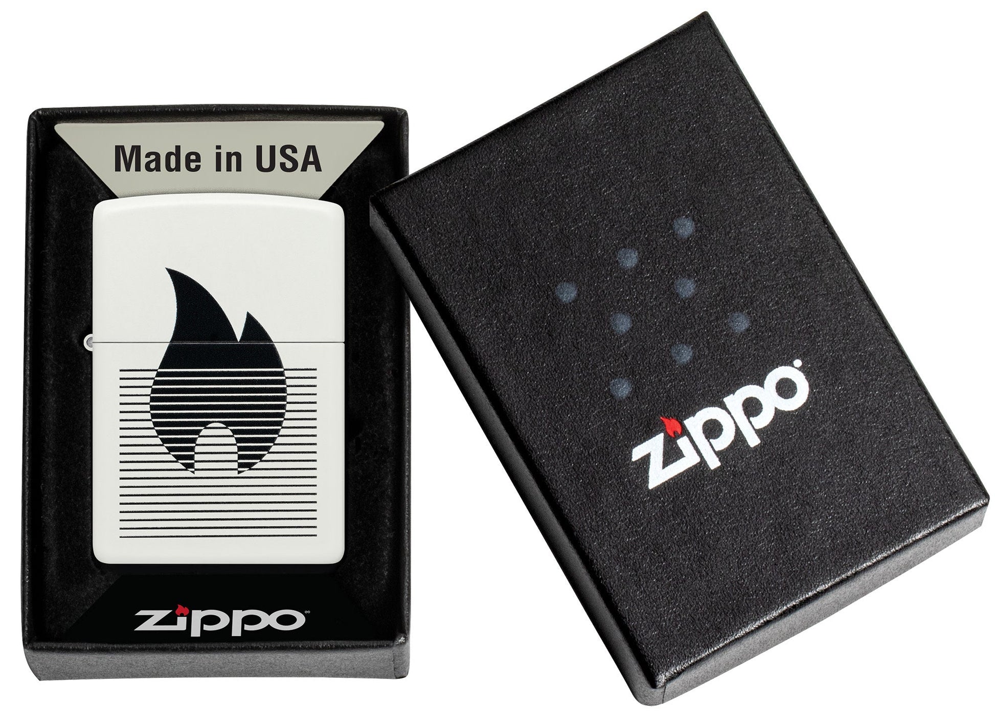 Zippo Flame Gradient Design White Matte Windproof Lighter in its packaging.