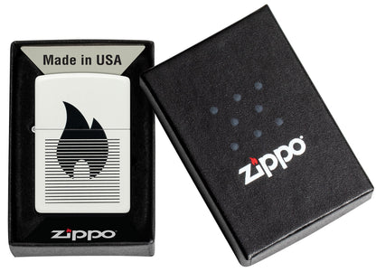 Zippo Flame Gradient Design White Matte Windproof Lighter in its packaging.