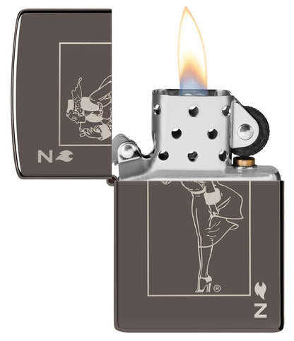 Windy Design Card Black Ice?? Windproof Lighter with its lid open and lit.