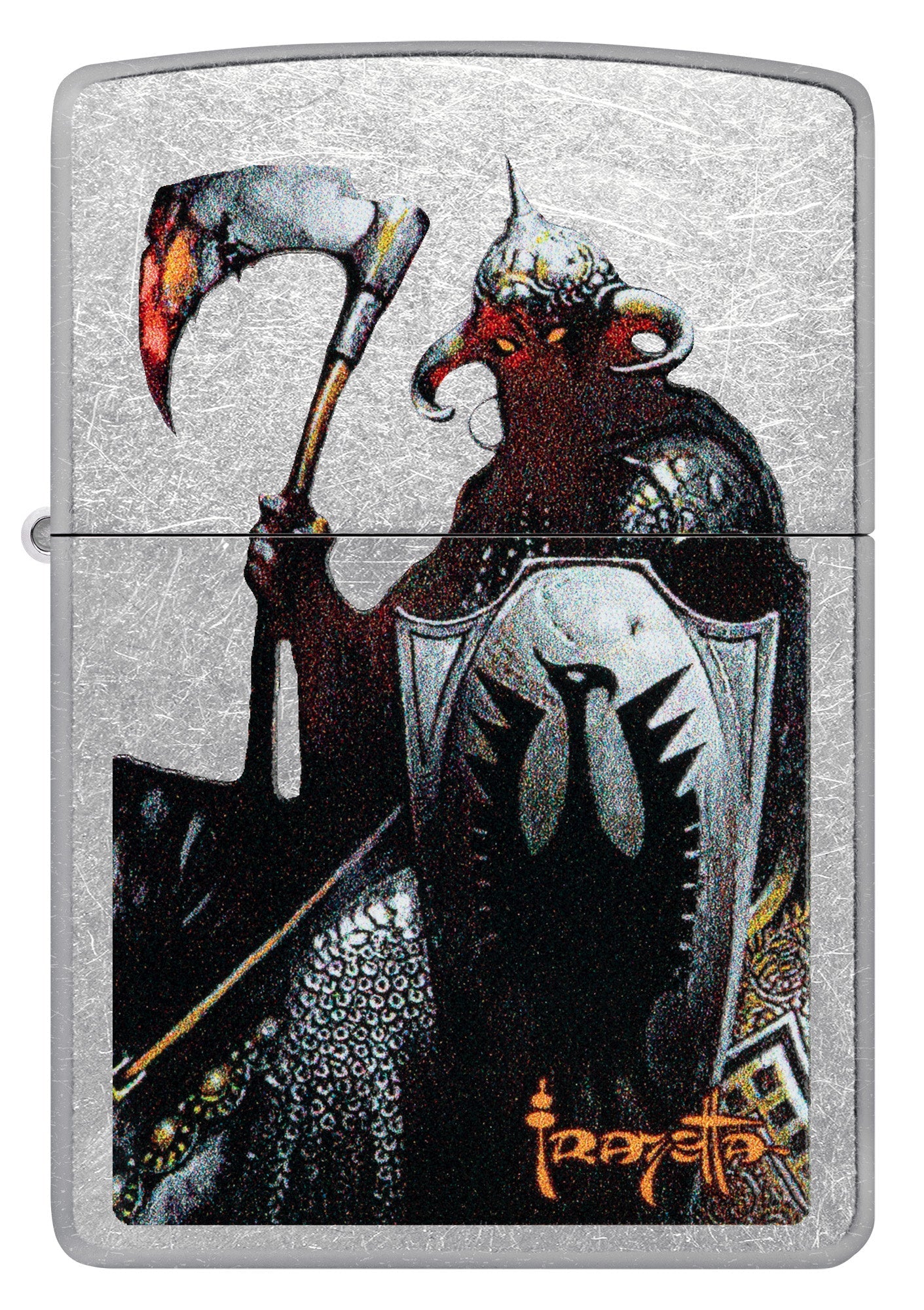Front view of Zippo Frank Frazetta Death Dealer Street Chrome Windproof Lighter.