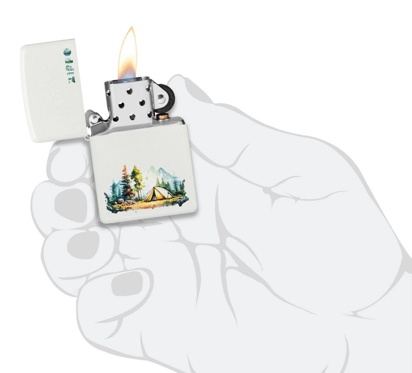 Zippo Nature Retreat Design White Matte Windproof Lighter lit in hand.