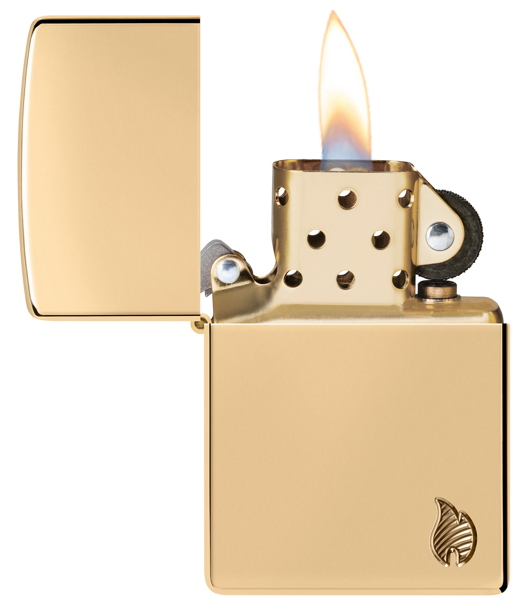Zippo Armor?? Series Flame High Polish Brass Windproof Lighter with its lid open and lit.