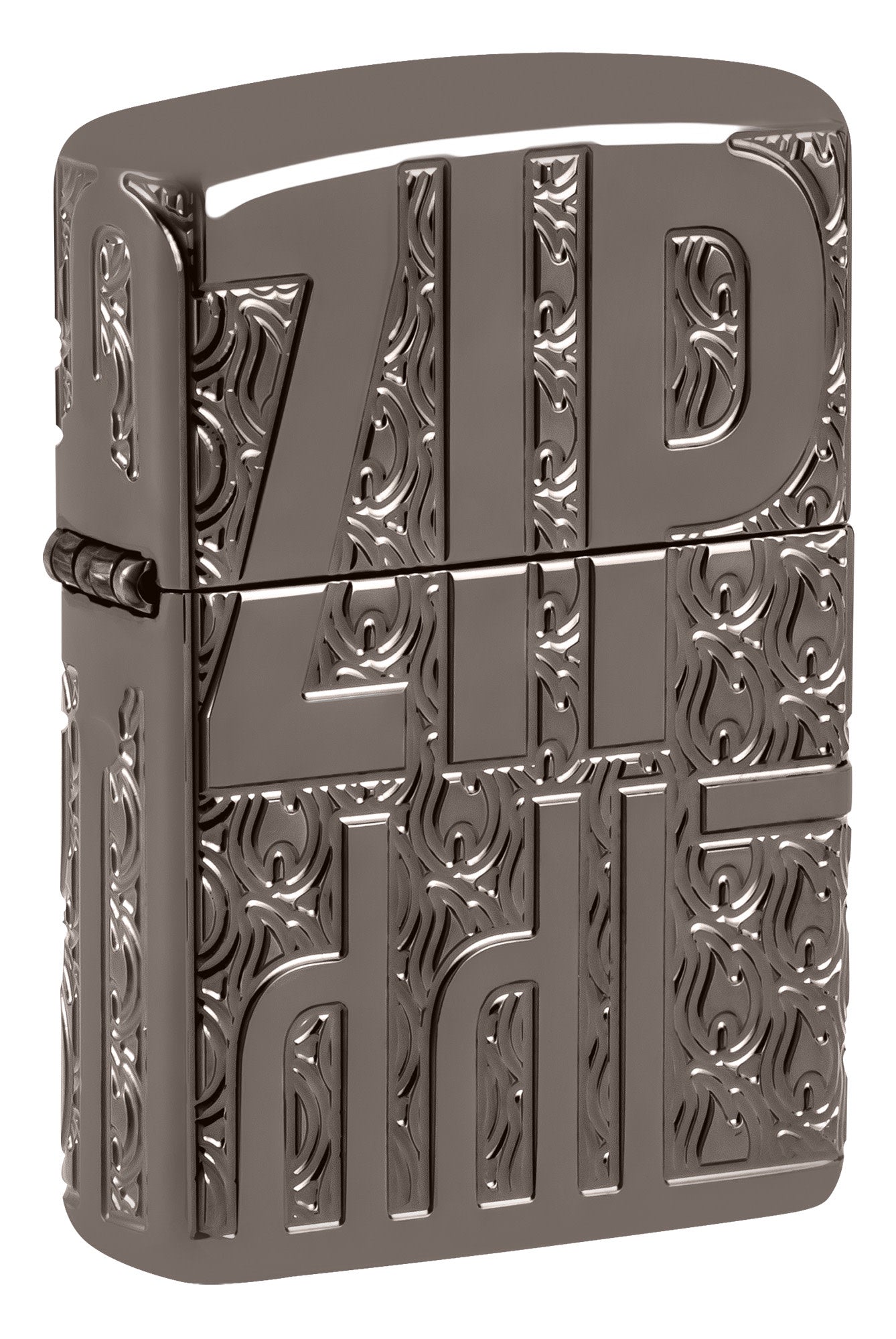 Front shot of Zippo Reverse Carve Zippo Design Armor?? Black Ice?? Windproof Lighter standing at a 3/4 angle.