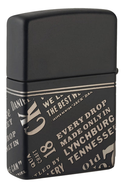 Back shot of Zippo Jack Daniel's?? Every Drop Design Regular Media Chrome Black Matte Windproof Lighter standing at a 3/4 angle.