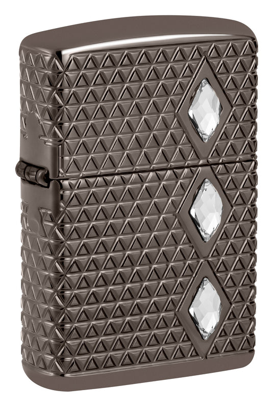 Front shot of Zippo Diamond Pattern Design Armor?? Black Ice?? Windproof Lighter standing at a 3/4 angle.