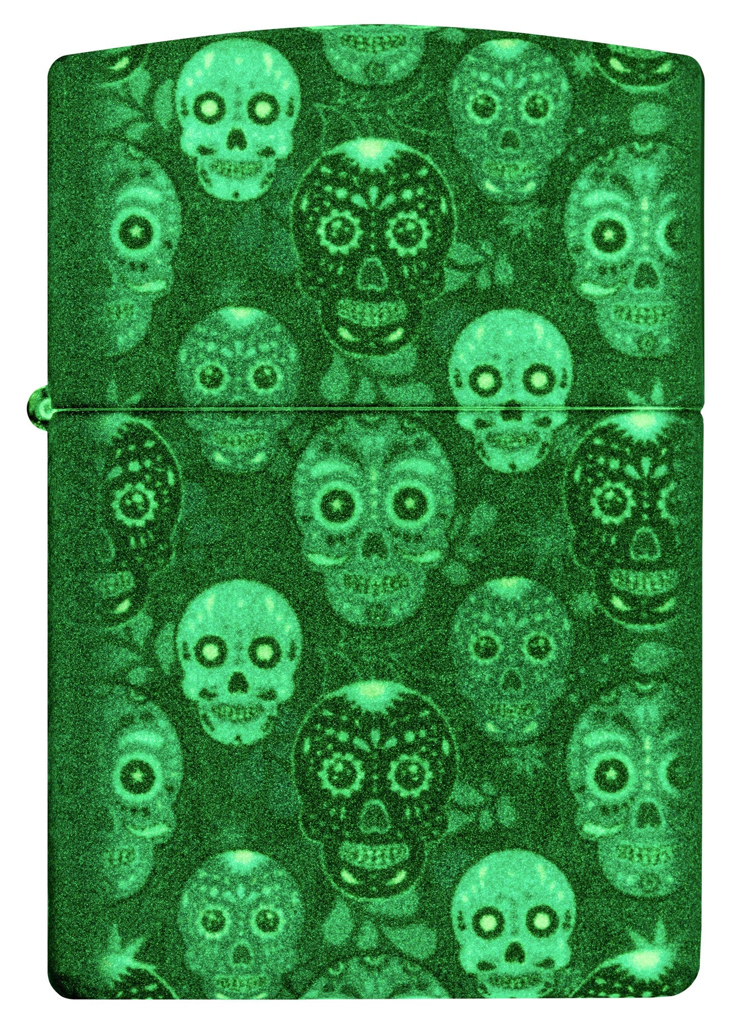 Front view of Zippo Sugar Skulls Design Glow in the Dark Matte Windproof Lighter glowing in the dark.