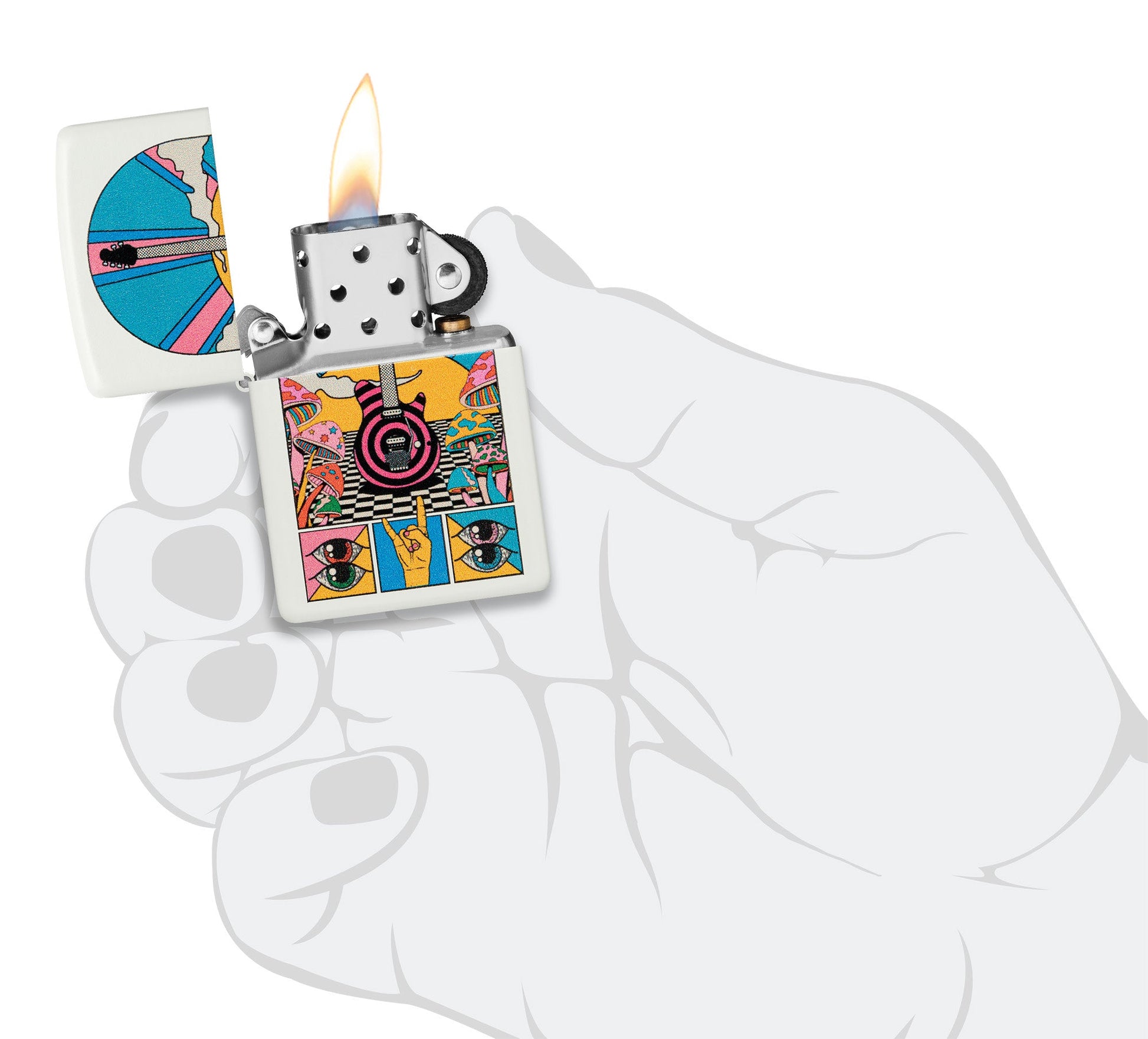 Zippo Retro Music Design White Matte Windproof Lighter lit in hand.