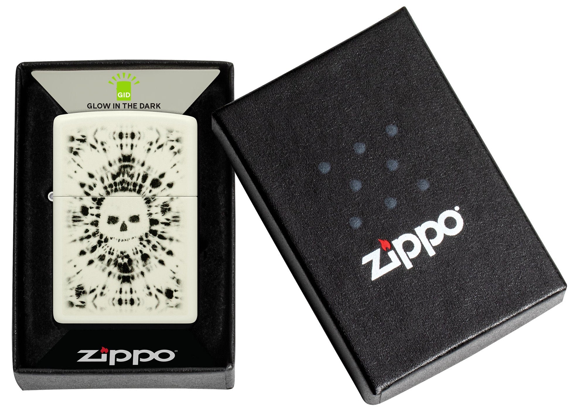 Zippo Glowing Skull Design Glow in the Dark Windproof Lighter in its packaging.