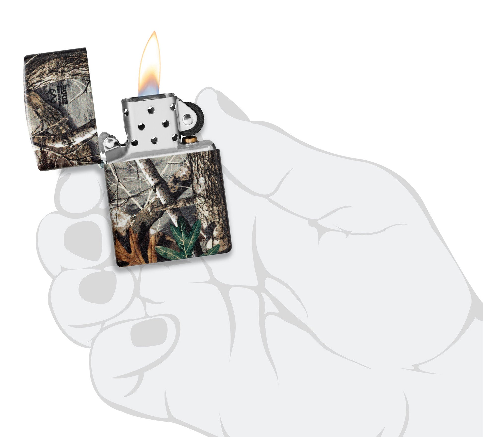 Zippo Realtree?? EDGEÆ?âº Camo Design 540 Matte Windproof Lighter lit in hand.