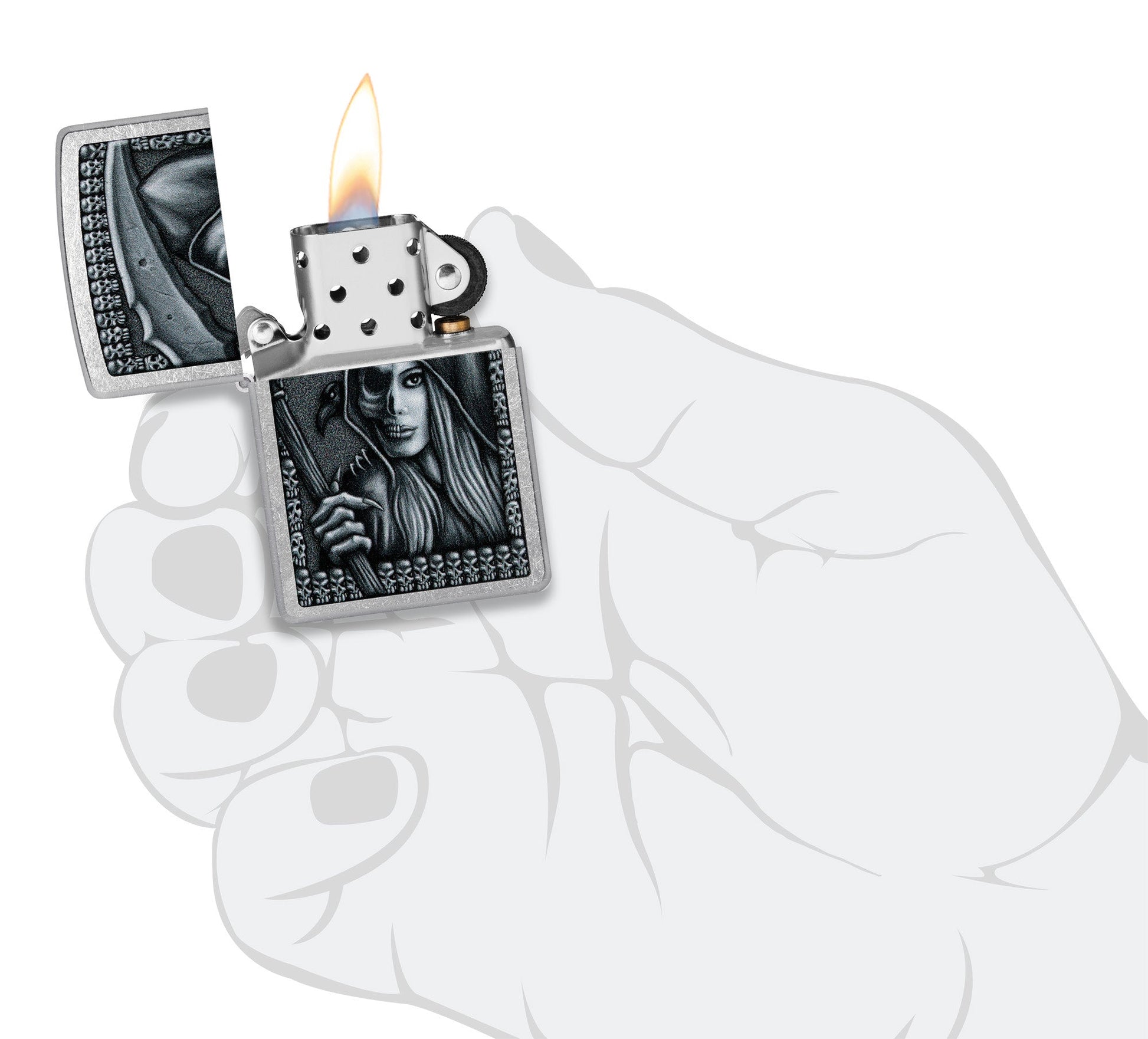 Zippo Grim Beauty Design Street Chrome Windproof Lighter lit in hand.