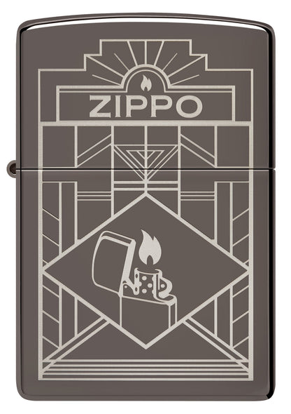 Front shot of Zippo Art Deco Design Black Ice?? Windproof Lighter.
