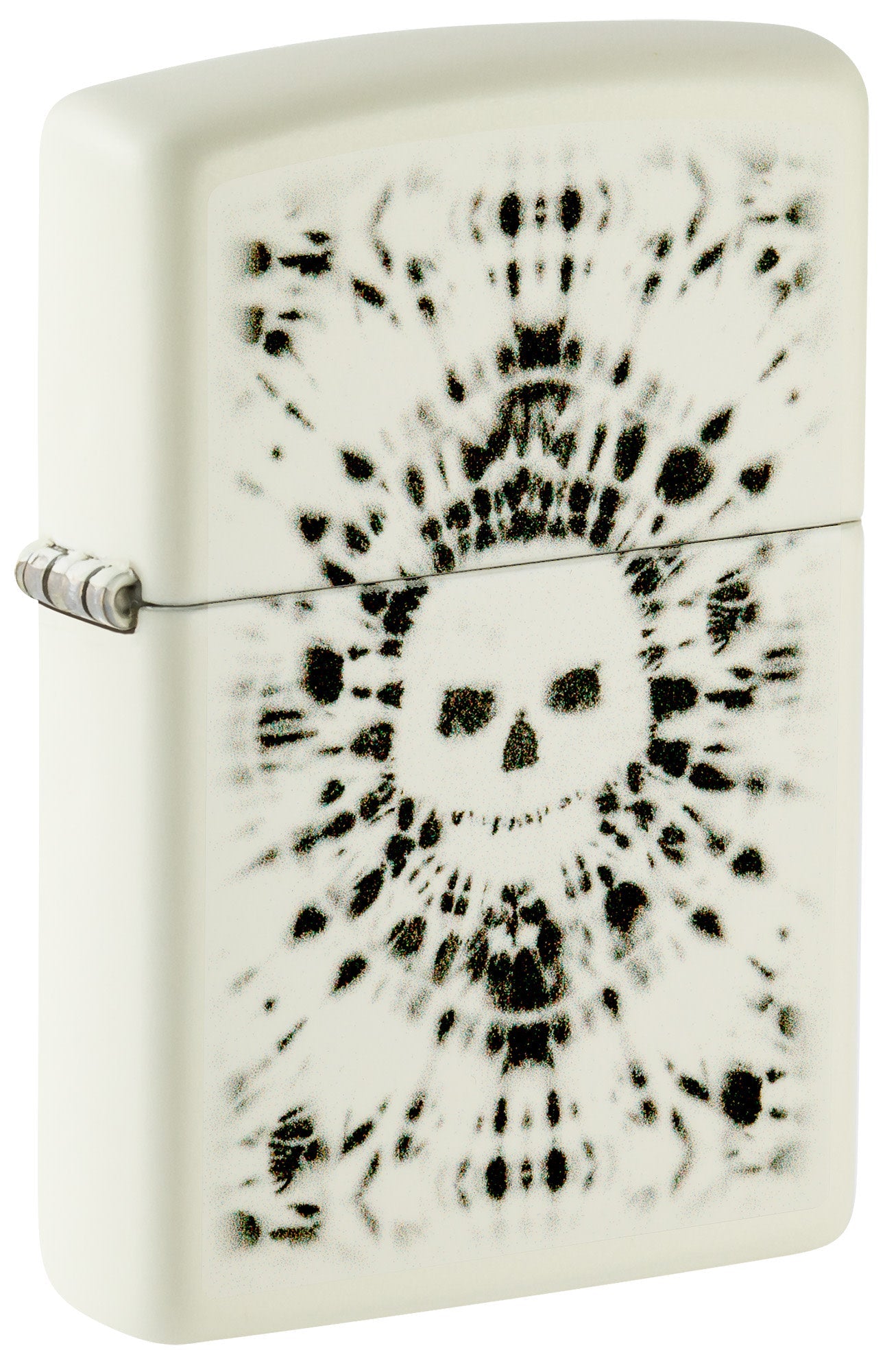 Front shot of Zippo Glowing Skull Design Glow in the Dark Windproof Lighter standing at a 3/4 angle.