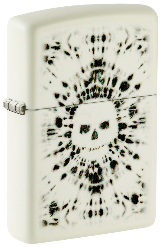 Front shot of Zippo Glowing Skull Design Glow in the Dark Windproof Lighter standing at a 3/4 angle.