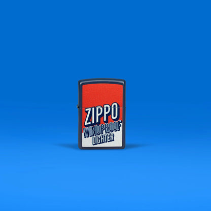 Lifestyle image of Zippo Color Block Zippo Design Navy Matte Windproof Lighter in a blue scene.