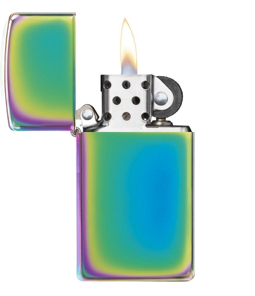 Slim?? Multi Color Windproof Lighter with its lid open and lit.
