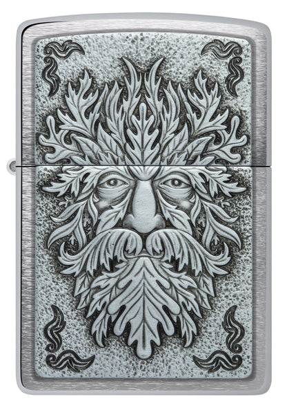 Front shot of Zippo Greenman Emblem Brushed Chrome Windproof Lighter.