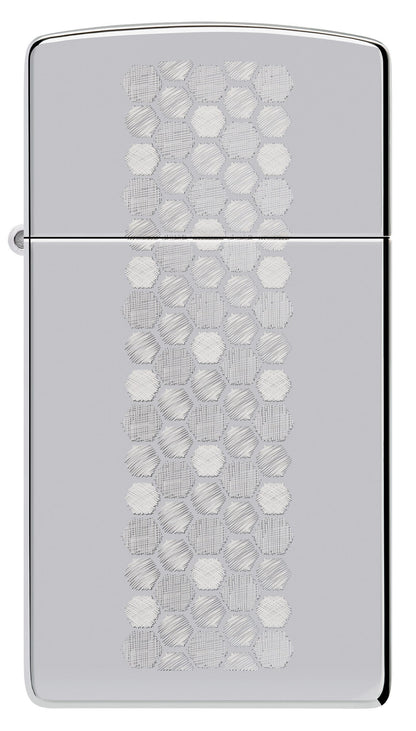 Front view of Zippo Slim?? Honeycomb Design High Polish Chrome Windproof Lighter.