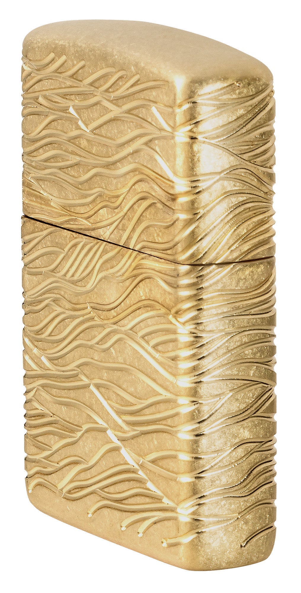 Angled shot of Zippo Luxury Waves Design Armor Tumbled Brass Windproof Lighter showing the front and right side of the lighter.