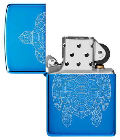 Zippo Zen Turtle Design High Polish Blue Windproof Lighter with its lid open and unlit.