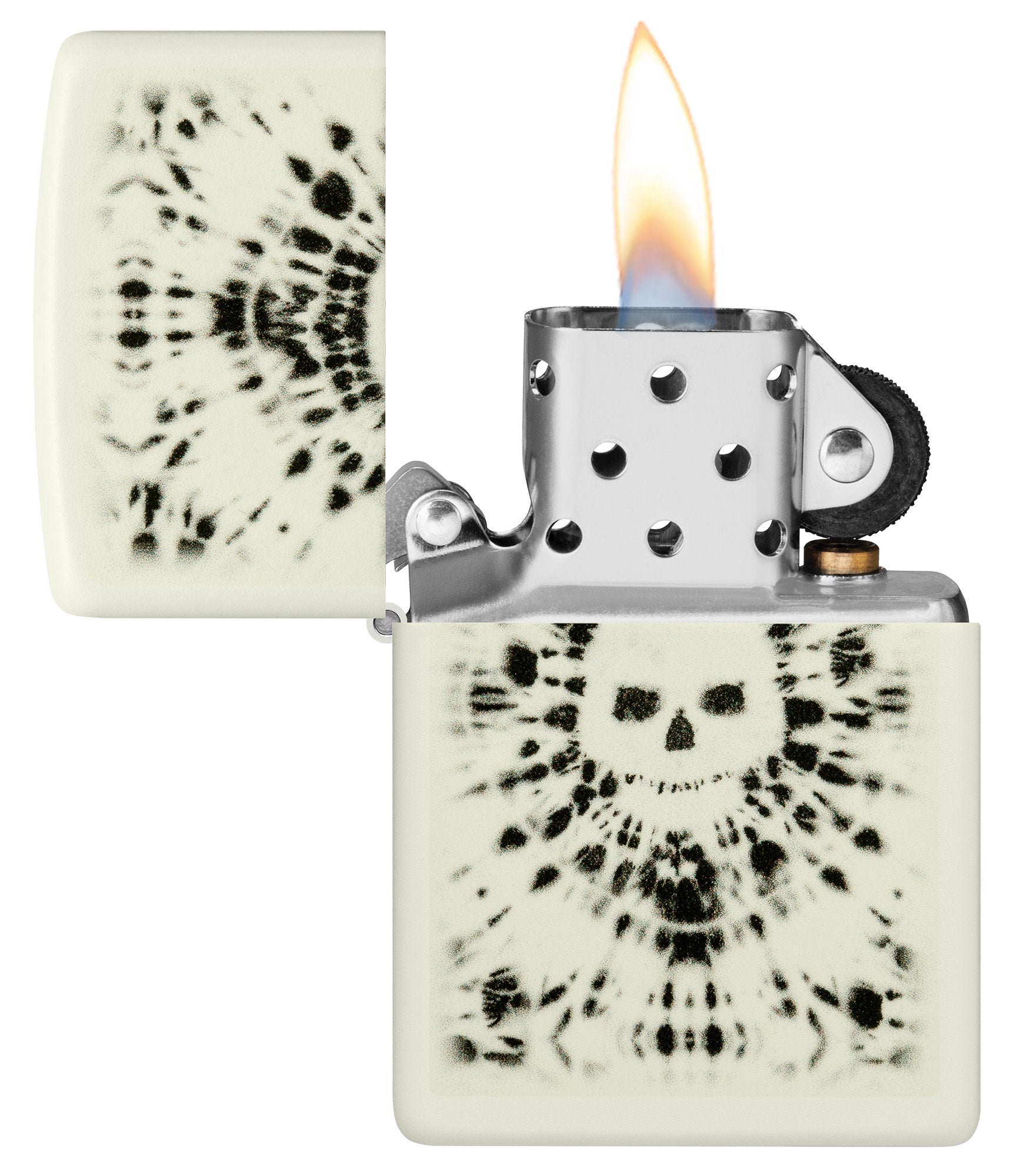 Zippo Glowing Skull Design Glow in the Dark Windproof Lighter with its lid open and lit.