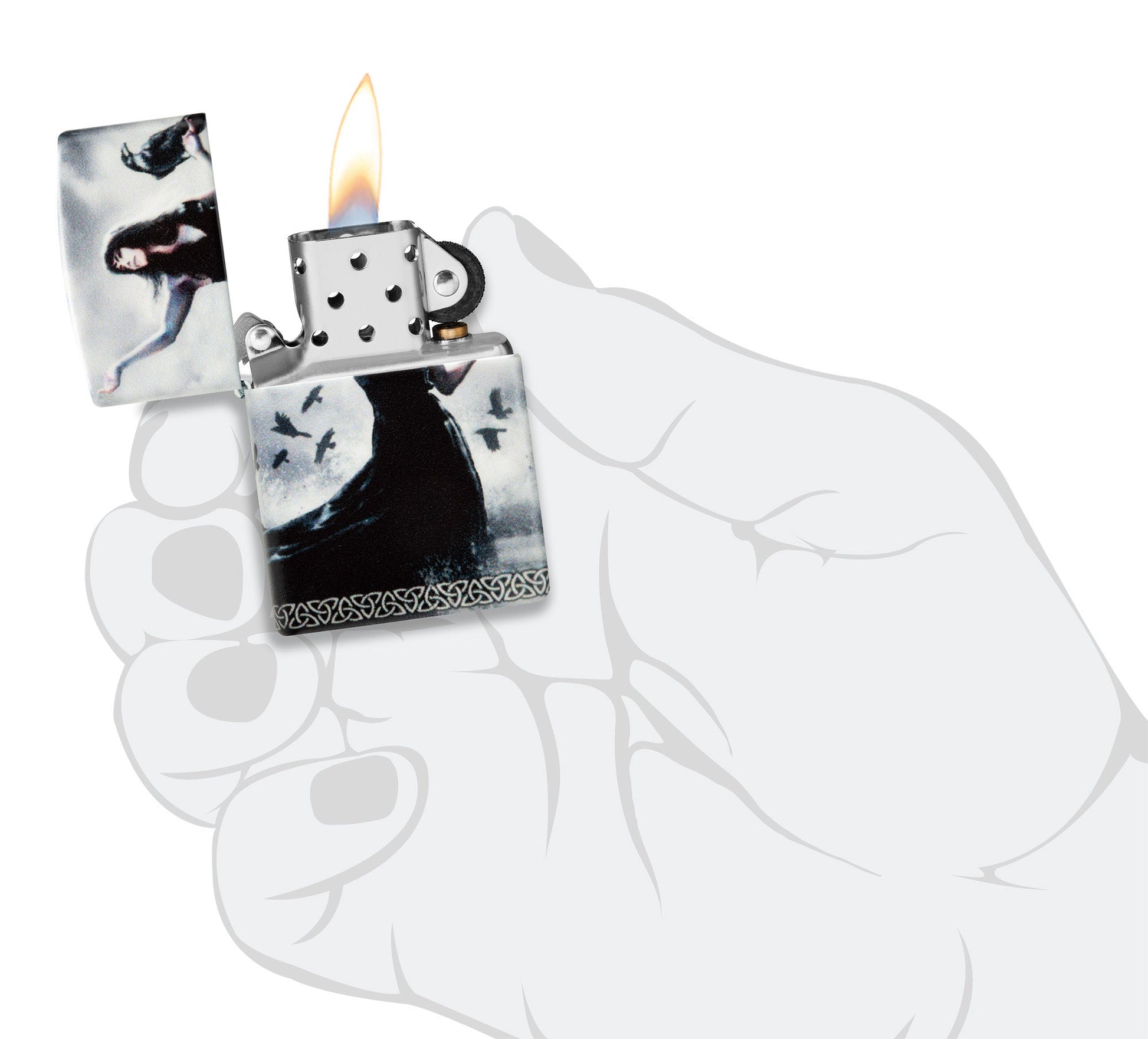 Zippo Mazzi?? 540 Matte Windproof Lighter lit in hand.