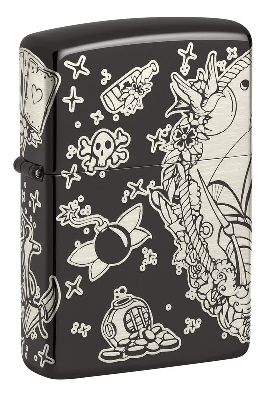 Front shot of Laser 360?Ã¸ Pirates Treasure Design High Polish Black Windproof Lighter standing at a 3/4 angle.