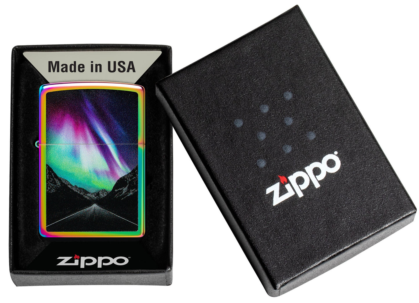 Zippo Aurora Road Design Multi Color Windproof Lighter in its packaging.
