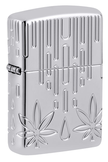 Front shot of Zippo Waxy Leaf Design Armor?? High Polish Chrome Windproof Lighter standing at a 3/4 angle.