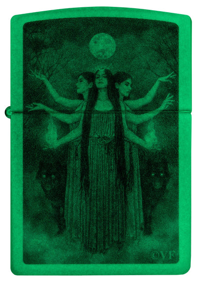 Front view of Zippo Victoria Frances Glow in the Dark Green Matte Windproof Lighter glowing in the dark.