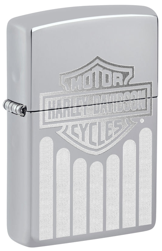 Front view of Zippo Harley-Davidson?? High Polish Chrome Windproof Lighter standing at a 3/4 angle.