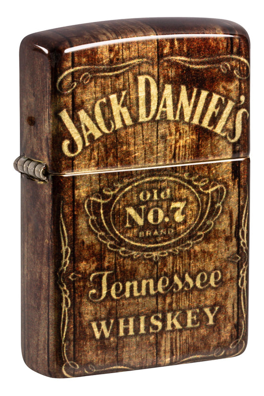 Front shot of Zippo Jack Daniel's?? Barrel Design 540 Tumbled Brass Windproof Lighter standing at a 3/4 angle.