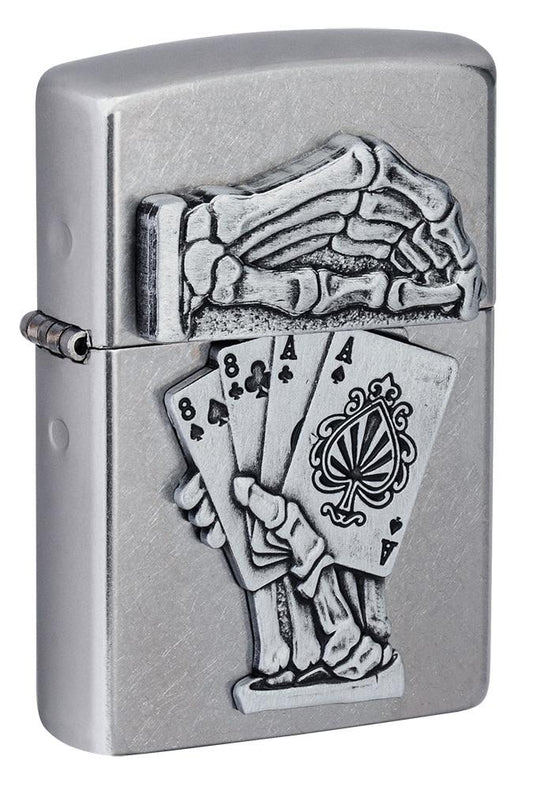 Front shot of Dead Mans Hand Surprise Emblem Design Street ChromeÆ?âº Windproof Lighter standing at a 3/4 angle
