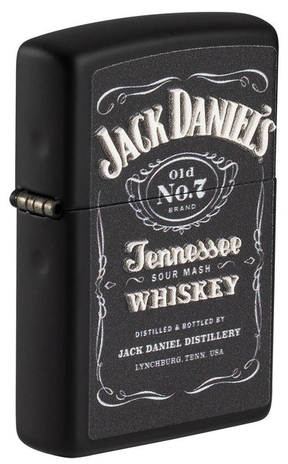 Front shot of Jack Daniel's?? Texture Print Black Matte Windproof Lighter standing at a 3/4 angle