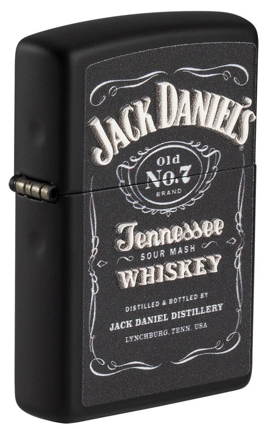 Front shot of Jack Daniel's?? Texture Print Black Matte Windproof Lighter standing at a 3/4 angle
