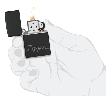 Zippo Design Black Matte with Chrome Windproof Lighter lit in hand.