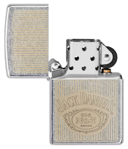 Jack Daniel's?? Logo Street ChromeÆ?âº Windproof Lighter with its lid open and unlit.