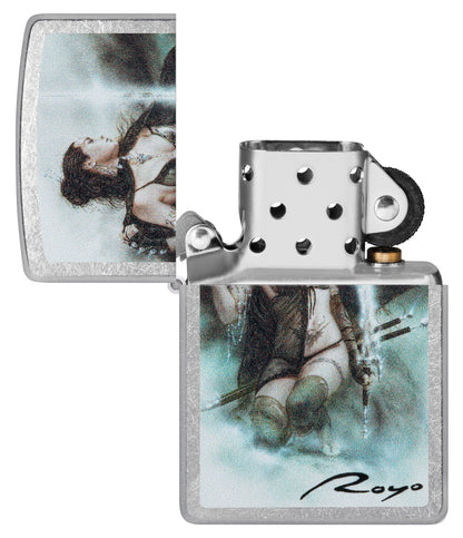 Zippo Luis Royo Street Chrome Windproof Lighter with its lid open and unlit.