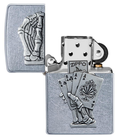 Dead Mans Hand Surprise Emblem Design Street ChromeÆ?âº Windproof Lighter with its lid open and unlit