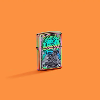 Lifestyle image of Zippo John Smith Gumbula Multi-Color Windproof Lighter on an orange background.