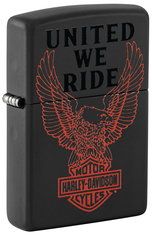 Front view of Zippo Harley-Davidson?? Black Matte Windproof Lighter standing at a 3/4 angle.
