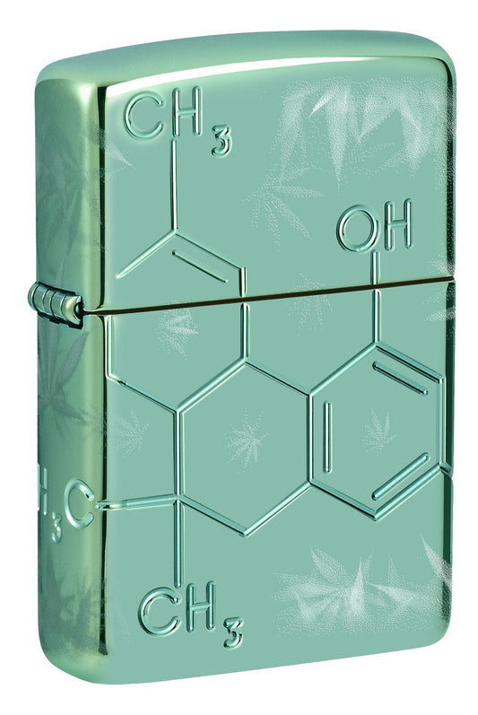 Front shot of Zippo Cannabis Compound Design Armor?? High Polish Green Windproof Lighter standing at a 3/4 angle.