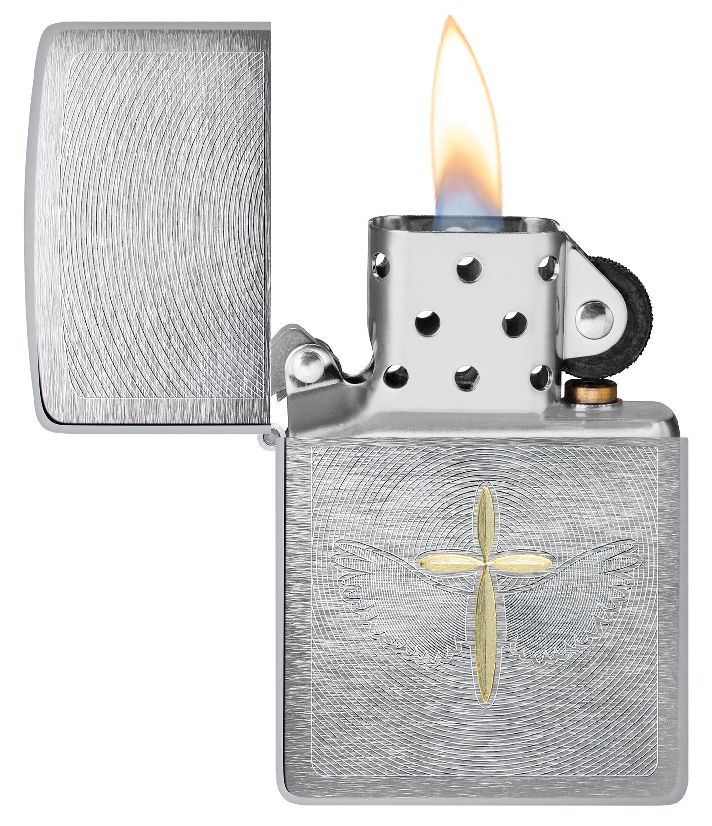 Zippo Angel Aura Design Brushed Chrome Windproof Lighter with its lid open and lit.